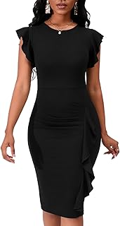Women's 2025 Flutter Sleeve Bodycon Midi Dress Sexy Crew Neck Knit Ruffle Wear to Work Cocktail Party Pencil Dresses - Buy now