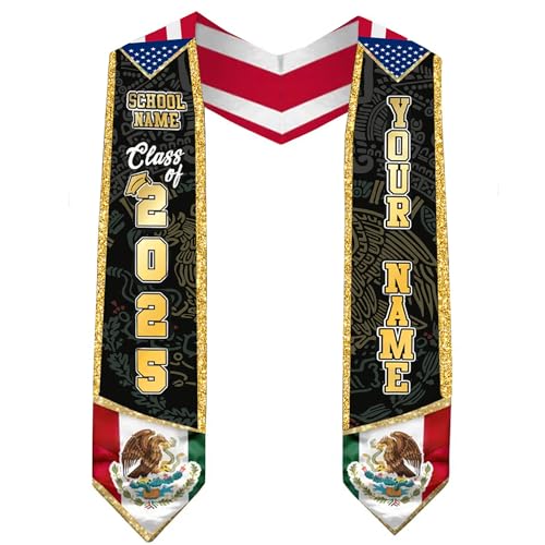 Custom Mexico Graduation Stole 2026, Personalized Commencement Sash, Mexican American Flag Design, USA Flag Accent, Class of 2026 Gift for Student Ceremony 3