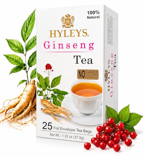 Hyleys Natural Wellness Ginseng with Green Tea - 25 Tea Bags (Gmo Free, Gluten Free, Dairy Free, Sugar Free & 100% Natural)