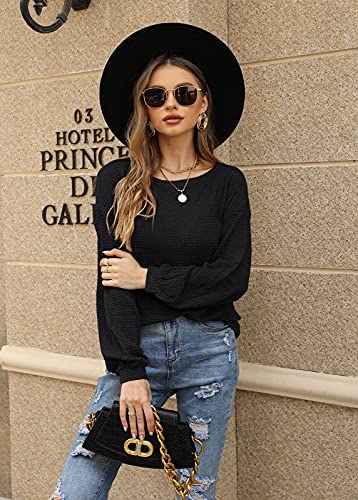 Image of Farktop Womens Oversized Waffle Casual Sweatshirts Long Puff Sleeve Drop Shoulder Lightweight Sweaters Black