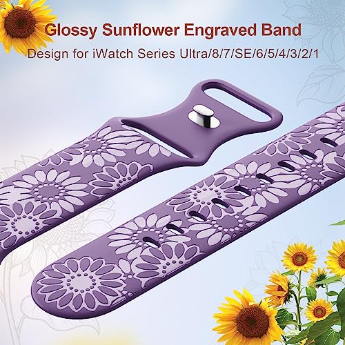 Image of Sunflower Engraved Band Compatible with Apple Watch Bands 38mm 40mm 41mm 42mm 44mm 45mm 49mm Women, Designer Soft Glossy Floral Silicone Strap for iWatch Series Ultra 11 10 9 8 7 6 SE 5 4 3 2 1