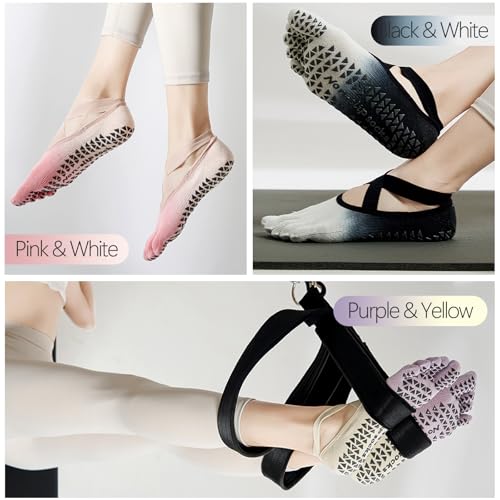 Yoga Socks for Women Non-Slip Grips & Straps,Ideal for Pilates,Five Toes Socks Soft Breathable Yoga Gradient Color Liner Socks Sweat-absorbent Deodorant Anti-friction (3color, 3Pairs)3
