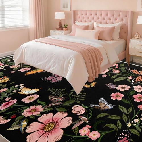 8×10 Area Rug for Living Room - 8×10 Washable Rug Boho Black Floral Carpet for Dining Room Entrance Butterfly Mats Door Mat Indoor