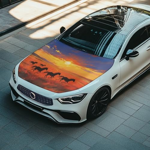 Image of Sunset Horse Car Hood Cover Slip-On Washable Elastic Weatherproof Fabric Elastic Band Fixation Fits Most Cars