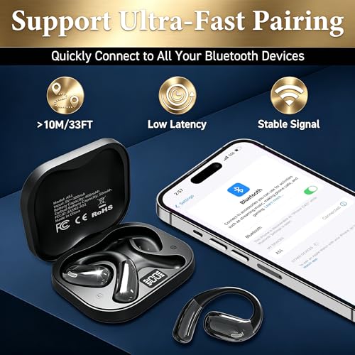 Image of Open-Ear Headphones, Wireless Headphones with Smart Digital Display, Smart Mic, 35H Playtime, Sweat Resistant & Waterproof, Secure Comfortable Fit - Running, Sport, Driving, Outdoor, Daily Use (Black) | (Black) Open Ear Earbuds 35H Playtime, Sweat Resistant & Waterproof, Secure Comfortable Fit - Running, Sport, Driving, Daily