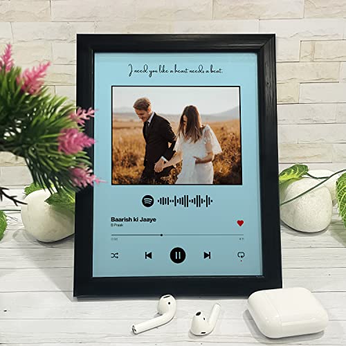 Image of Ritwika's Personalized Spotify Song Barcode With Photo & Message Digital Print Engineered Wooden Frame For Desk 17 X 22 Cm Blue Set Of 1, Rectangular, Tabletop