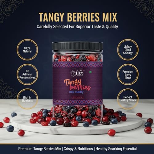 Image of LILA DRY FRUITS Tangy Berries Mix Medley 100 gms - Cranberry, Blueberry, Strawberry, Red Cherries & Black Raisins | Sweet & Tangy Dried Fruit Snack | Healthy Snack Mix Perfect for Gifting