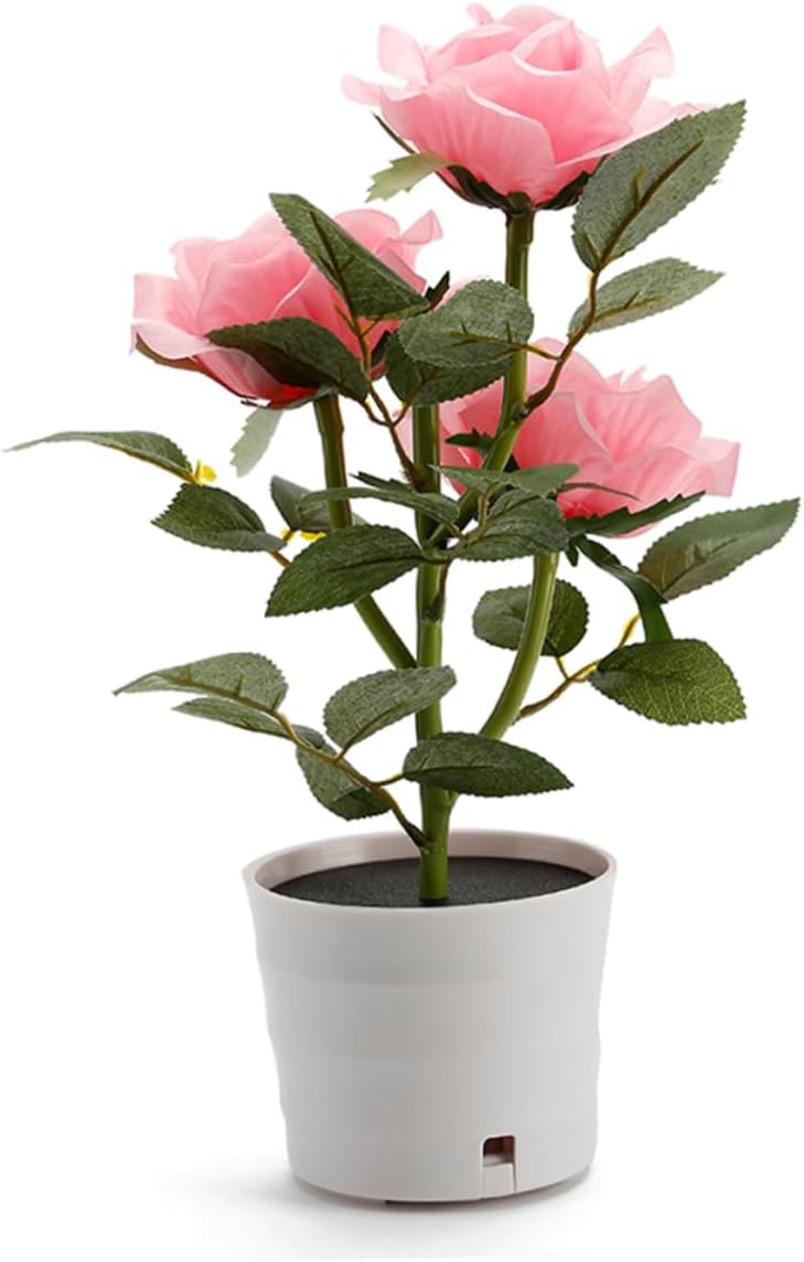 Solar Rose Flower Lights Led Artificial Rose Pot for Outdoor Garden Indoor Decor Pink Nightlight for Home Office Hotel Wedding Party