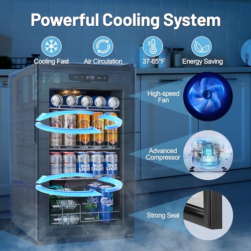 Beverage Refrigerator Cooler, 17 Inch 120 Cans Freestanding Mini Fridge with Glass Door, Adjustable Shelves and LED Light, Small Drink Fridge Counter-top Beer Fridge for Bedroom Office Bar