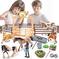 THINKBAY 35 PCS Horses Toys Set for Kids, Solid Realistic Horse Stable Playset Barn Toys for Girls, Ideal Birthday Farm Animals Gift for Toddlers
