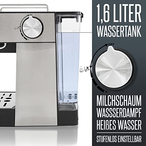 HEINRICHS Espressomaschine, Barista Siebträgermaschine mit 850W, 20 Bar Druck, Kaffeemaschine mit Milchaufschäumerstab, Doppelauslauf, abnehmbares Tropfgitter, 1.6Liter Wassertank, LED-Touch-Display – Bild 7