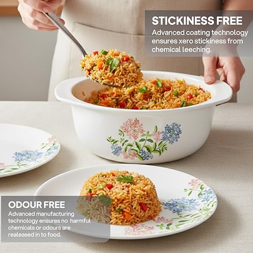 Image of Cello Opalware Regal Series Peach Bloom 35 Pieces Dinner Set | Opal Glass Crockery for 6 | Bone Ash-Free | Lightweight, Elegant White Plate & Bowl Set | Opal Glass Dinner Set for Daily Use & Gifting