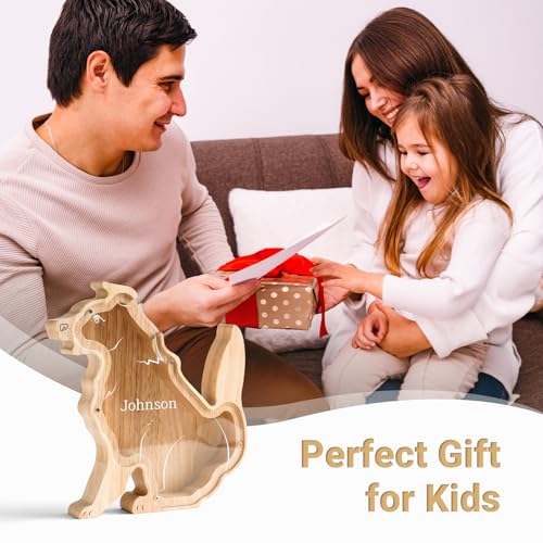 Image of Personalized Wooden Dog Piggy Coin Banks for Kids Name | Custom Gifts for Kids Birthday & Decor, Wooden Cashbox Money Jar Educational Toy for Boys Girls