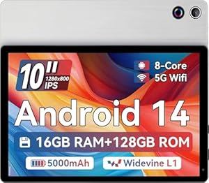 Ainmel Tablet 10 Zoll (2025), Android 14 Tablet 10.36 Zoll Octa-Core,1280x800 IPS,16GB RAM 128GB ROM 1TB TF, 5G WiFi 6, Bluetooth 5.0, 5000mAh, 5MP+8MP, Widevine L1, Silberweiß