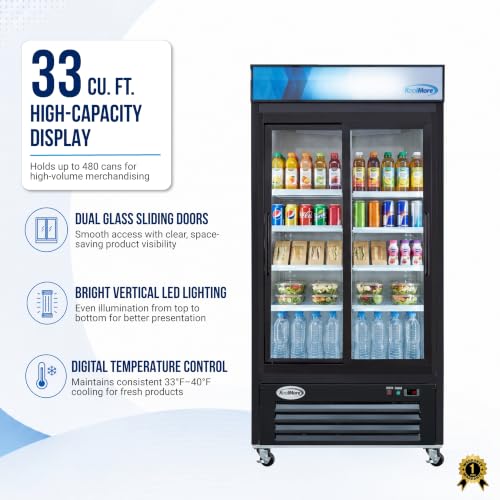 Image of KoolMore 40 in. 33 Cu. Ft. Commercial Merchandiser Display Refrigerator with Sliding Doors, LED Lighting, Certified for Commercial Use in Black