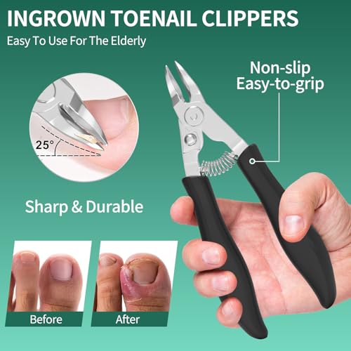 Glamne Cortaúñas 5 en 1 para personas mayores con uñas gruesas y encarnadas, kit de pedicura profesional con cortador de uñas de mango largo, hoja curvada inclinada, lima de uñas y levantador, juego - imagen 3