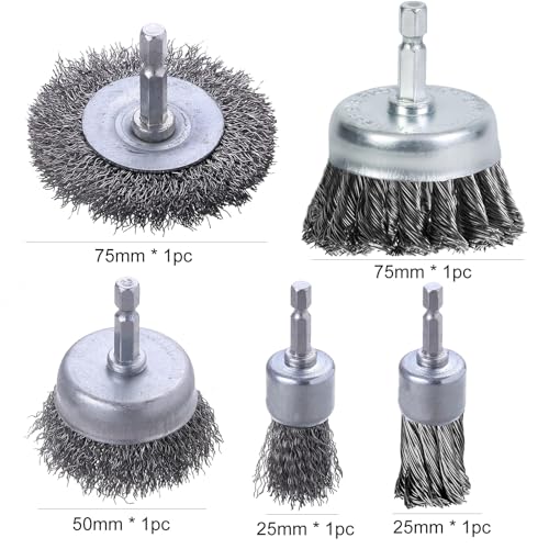 Image of 5 Pcs Wire Brush for Drills Set, Carbon Steel Wire Wheel Brush Cup Brush, 1 /4-Inch Hex Shank Wire Brush Drill Attachments for Cleaning Rust, Paint, Abrasive