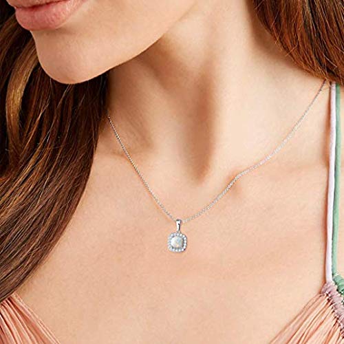 Carleen 14K White Gold Plated 925 Sterling Silver Created White Fire Opal And Cubic Zirconia Halo Pendant Necklace For Women Girls, 18" Silver Chain #TOP3
