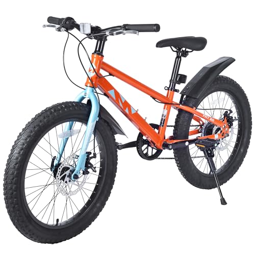 MAKELEN 20x3.0 Fat Tire Kids Mountain Bike Snow Bike Beach Bike for 7-10 Years Old Steel Frame Disc Brake Bike 7 Speeds, Orange&Blue