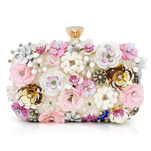 Women’s Floral Beaded flower Clutch Evening Handbag with Chain Strap for Formal Occasions (apricot)