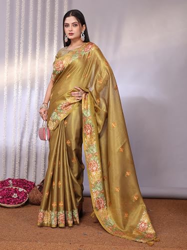 Image of SWORNOF Gold-Toned Woven Design Silk Zari Tissue Saree | Saree for Women | Soft and Skin Friendly