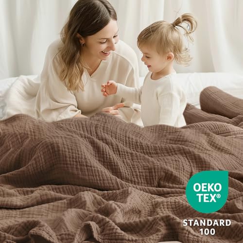 Image of 100% Cotton Muslin Blanket King 108 inch x 90 inch, Breathable and Lightweight Cotton Throw Blanket for Bed, Soft Cooling Summer Gauze Blanket for Adults All Season, Brown