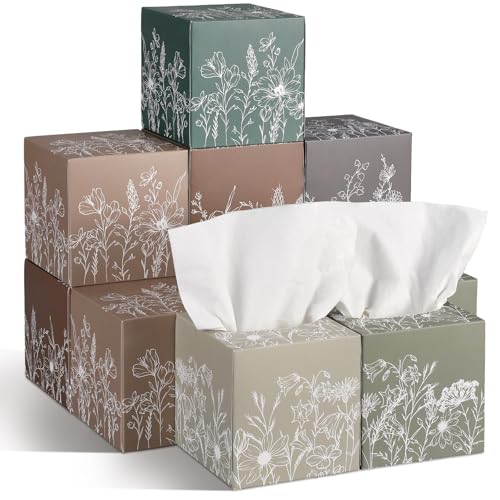 Image of Fourluoo 12 Pack Christmas Flower Tissue Cube Boxes, 600 Sheets 3 Ply | Small Square Facial Tissues for Car Bedroom, Line Drawing Floral Design, Decorative Holiday Boxes, Soft Absorbent