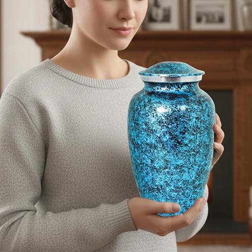 Image of ALPHA Living HOME Cremation Urn for Human Ashes Adult - Handcrafted Aluminum Memorial Funeral Urn with Marble Finish, Decorative Burial Urn with Secure Screw Lid (Blue)