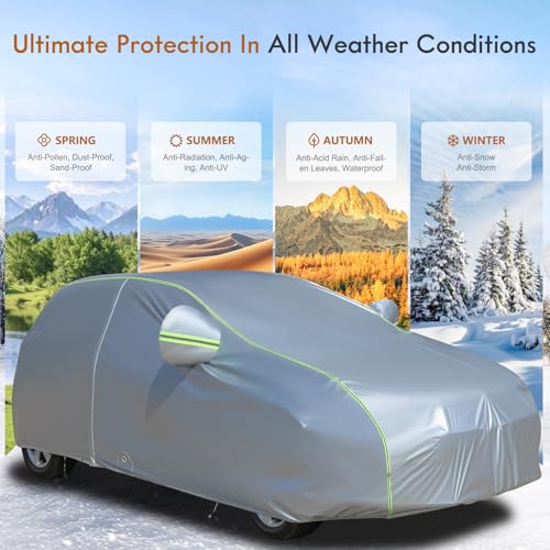Image of Tecoom Light Shell Car Cover Waterproof All Weather, Breathable Material with Door Zipper & Mirror Pockets, Rain Snow Sun Wind Protection Outdoor & Indoor Full Covers Fit for Hatchback (160-172 inch)