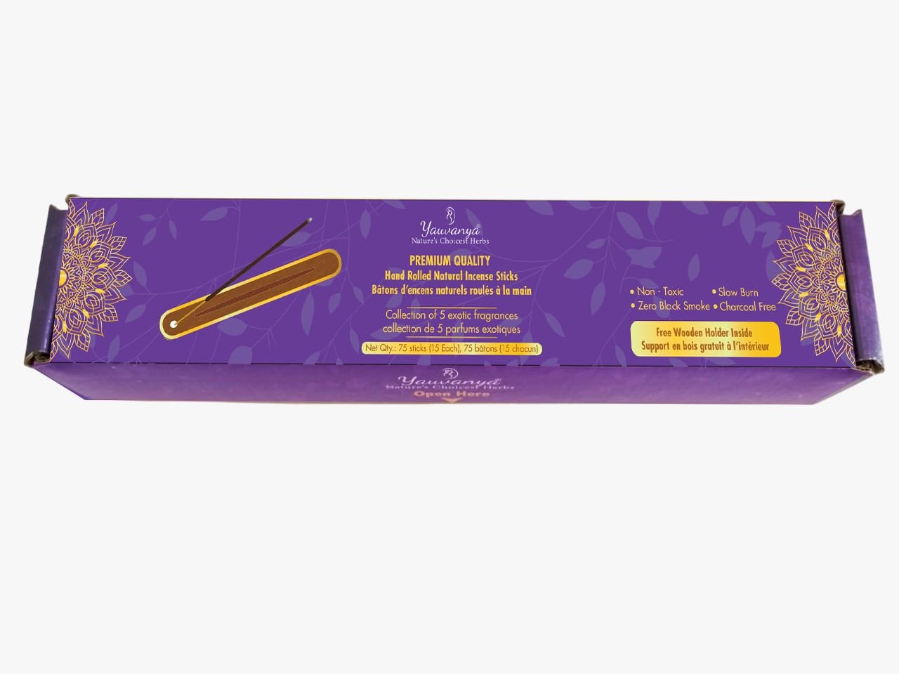 Yauvanya Handrolled Incense Sticks, 22.86 cm, 5 Fragrances - Frankincense, Frangipani, Sandalwood, Lavender, Oudh, 15 Sticks per Fragrance, Natural, Chemical-Free