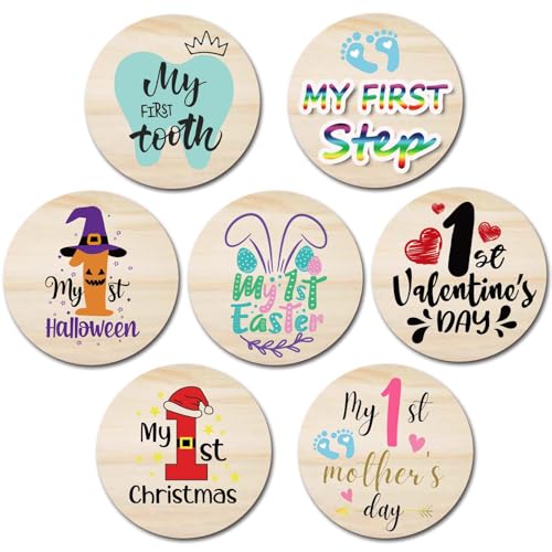Image of My First Holiday Milestone Cards Sign, Double Sided Newborn Photo Props Pregnancy Journey Baby Shower My First Holiday Anniversary Milestone Wooden Discs