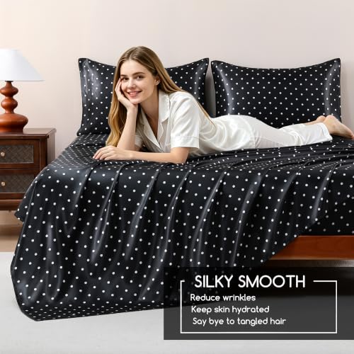 Image of MR&HM Satin Bed Sheets with Elastic Corner Straps, Queen Size Sheets Set, 4 Pcs Silky Bedding Set with 15 Inches Deep Pocket for Mattress (Queen, Polka Dot Black)