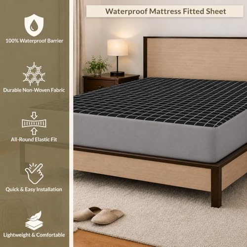 Image of Premium 100 Percent Waterproof Mattress Protector with Zipper Non-Woven | Hypoallergenic Mattress Cover Soft Zipper Bed Protector for Single Size Bed 36x72 Inch Fit On 10 Inch 3X6 Feet, Grey Checks