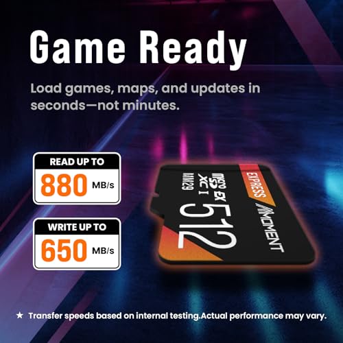 Image of MMOMENT 512GB Micro SD Express Card for Nintendo Switch 2, PCIe Gen3x1, MM29 Model, Up to 880MB /s Read and 650MB /s Write Speed, Black /Orange, Water Resistant Gaming Memory Card