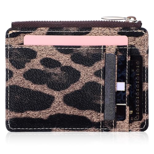 Slim Minimalist Front Pocket Wallet RFID ID Card Holder, Leopard Print Blocking Lightweight Thin Small Cute Card Cases Leopard Print Wallets for Women, 1 Coin Purse with 8 Slots