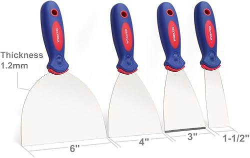Miniatura 2 de WORKPRO Juego de cuchillos de masilla de 4 piezas, hecho de acero inoxidable, perfecto para paneles de yeso, cinta, raspado de pintura, 1.5", 3",