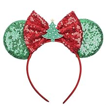 LSHDXD Christmas Mouse Ears Bow Headband Hair Hoop for Women & Girls, Sequin Hair Bands with Christmas Tree Pattern for Party Supplies - Hot Pink Princess Dress Up