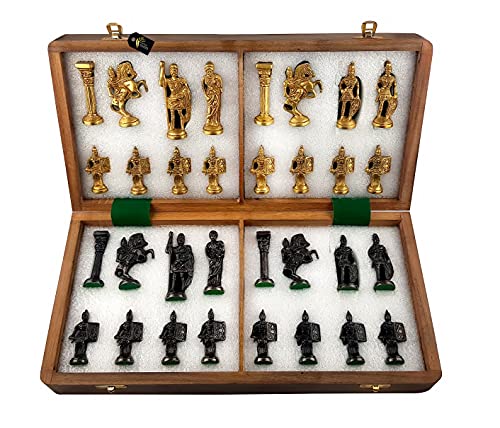 STATUESOLUTION Kid Antique Folding Wooden Chess Board With Brass Chess Roman Figures Set, 2 Players - Best For Gifting, Home Decor And Playing ( Black & Yellow ) Size 16'×16' Inch.