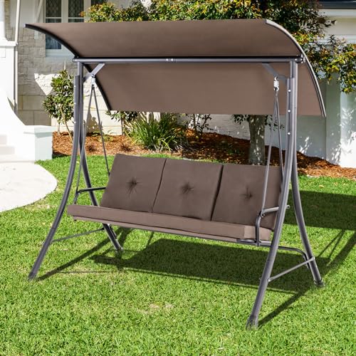 Image of Tangkula 3 Person Porch Swing, Outdoor Swing with Removable Cushions, Solid Steel Structure, Patio Swing with Adjustable Canopy for Garden, Backyard, Balcony, Poolside