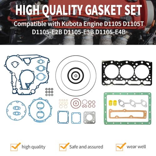Image of 1E043-99350 D1105 Gasket Kit Cylinder Head EX-Manifold Water Flange Gasket Compatible with Kubota D1105T Engine B2410HSDB Tractor FZ2400 Front Mower Replaces 16226-99364 4183637