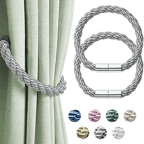 VIKIMORA 2 Pack Curtain Tiebacks - Strong Magnetic Curtain Holders for Thick Drapes, Gray Cotton Rope Tie Backs for Heavy Duty Drapes