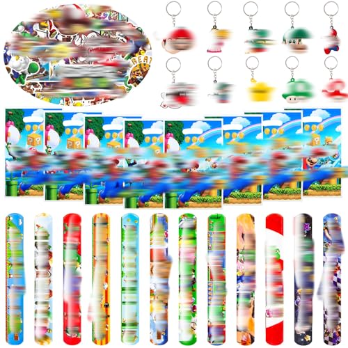 Heartsking 82 Pcs Party Bag Fillers for Kids Birthday Party Decorations Super 12 Slap Bands 10 Key Rings 50 Stickers 10 Party Bags Theme Birthday Party Gifts for Boys Girls Kids