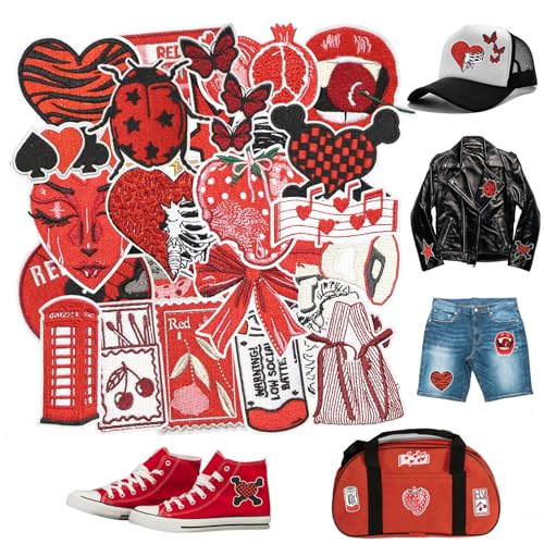 HEYTRCO 26PCS Red Aesthetic Embroidery Patches Iron On Vintage Icon Heart Strawberry Butterfly Applique for Jackets Bags Hats DIY Clothing Accessories