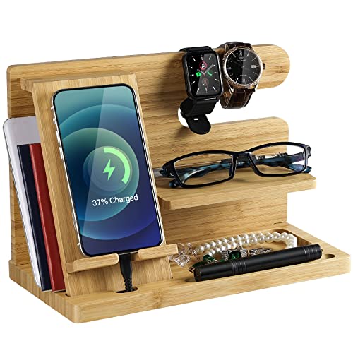 AICase Gifts for Men Wooden Docking Station Nightstand Organizer Charging Station,Cell Phone Stand Charging Accessory Nightstand for Earbuds Watch Phones Tablets Smartphones Electronics for Home
