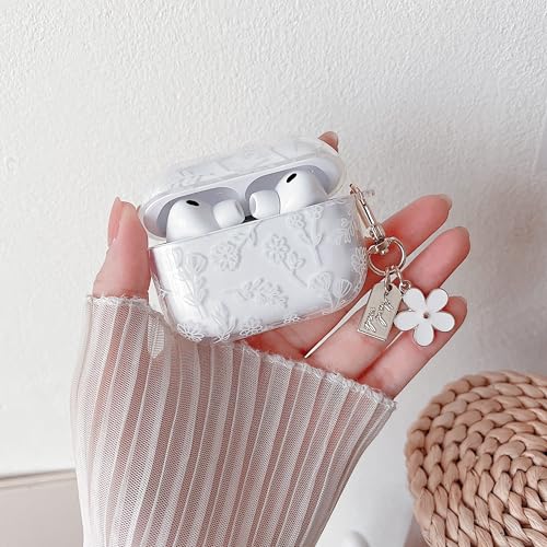 Image of MINSCOSE for with AirPods Pro 3rd Generation Case (2025) with Cleaner Kit,Cute Flower Floral Aesthetic Design with Flowers Keychain for Girls Women for Airpods Pro 3-White