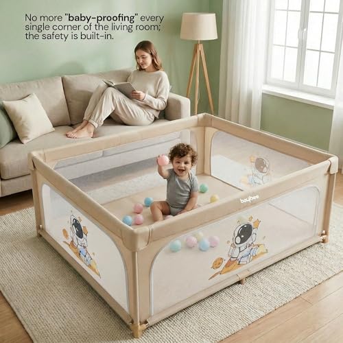 Image of Baybee 120 x 120 CM Kids Playpen for Babies with Colourful Balls | Baby Play Area Indoor Setup with Zipper Door & Toys Pouch | Kids Activity Play Gate Fence with Corner Protection | Outdoor play pen for baby for 0 - 5 years Boys Girls (Beige)