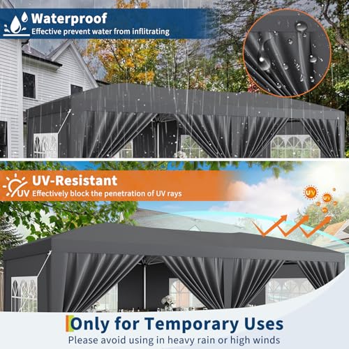 10x20 Heavy Duty Pop Up Canopy Tent with 6 Removable Sidewalls, Easy Up Commercial Canopy Tents for Parties, Large Outdoor Canopies with 3 Adjustable Heights, Stakes X18, Ropes X6, Grey