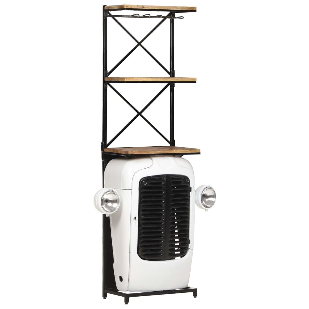 Traktor-Weinschrank Weiß aus rauem Mangoholz und Metall, 49x31x172 cm, 9 Flaschenhalter, 2 Ablagen, stehend, platzsparend, für Küche, Esszimmer, Wohnzimmer, Bar und Keller