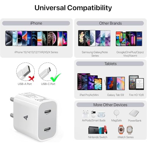 Image of DR VAKU 25W PD Dual Port Charger, Type C Adaptor with Braided Cable, Compatible with iPhone 17 Series and Android Devices