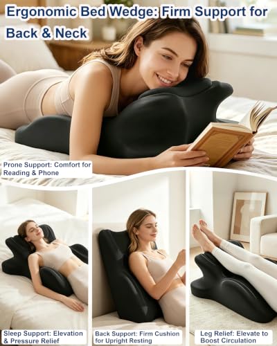 Image of Ergonomic Memory Foam Wedge Pillow, 27 Bed Wedge Support, Black | Reading Reclining Sit Up Support, Upper Body Leg Elevation Comfort, Neck Back Waist Support, Removable Cover, Anti-Slip Base